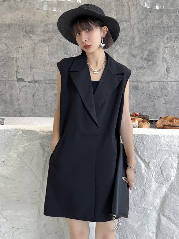 Urban Solid Color Split-Joint Notched Collar Sleeveless Mini Blazer Dress