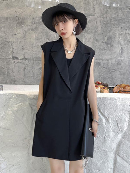 Urban Solid Color Split-Joint Notched Collar Sleeveless Mini Blazer Dress