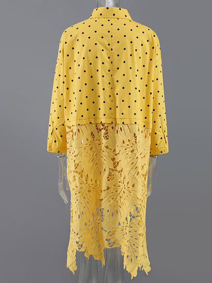 Stylish Split-Joint Polka-Dot Hollow Buttoned Lapel Collar Loose Shirt Dress