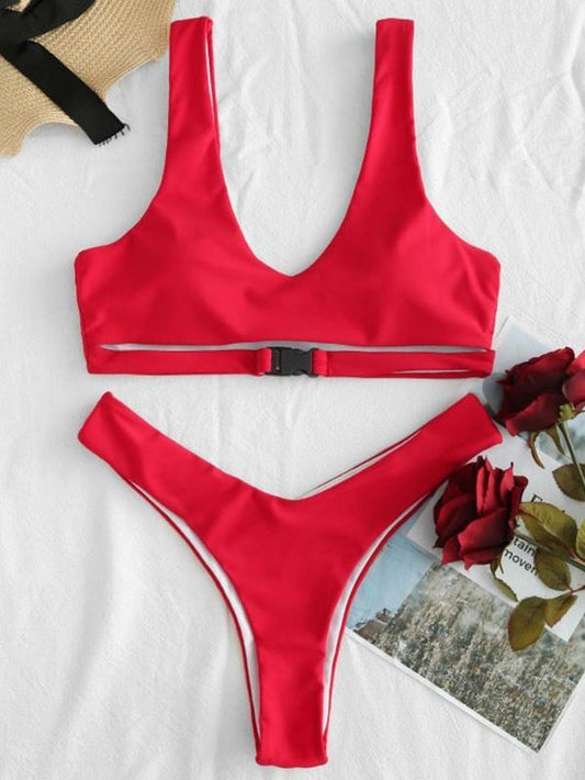 Red Plain High Cut Bikinis Swimwear