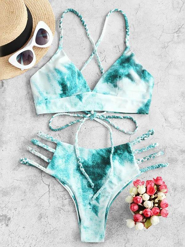 Tie-Dyed Bandage Backless Split Bikini Swimsuit