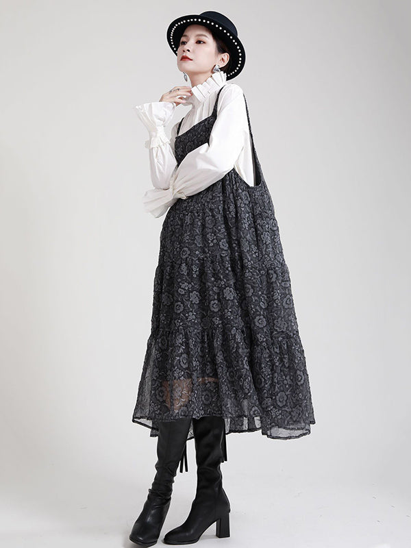 Original Floral Printed Pleated Square-Neck Sleeveless Slip Dress