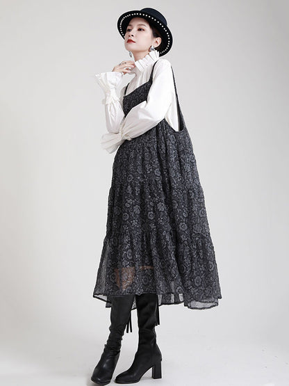 Original Floral Printed Pleated Square-Neck Sleeveless Slip Dress