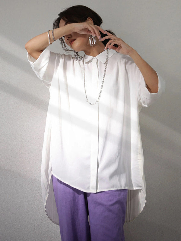 Stylish Solid Color High-Low Pleated Split-Joint Half Sleeves Blouse