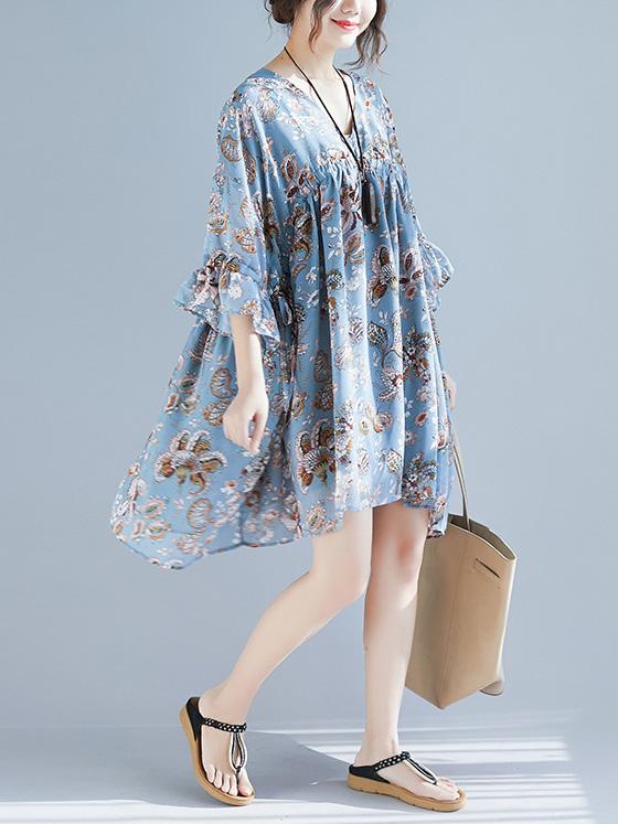 V-neck Fresh Loose Plus Size Floral Mini Dresses