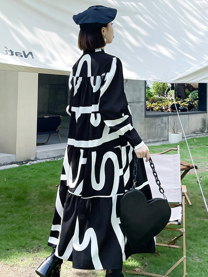 Loose Stand Collar Printed A-Line Midi Dress