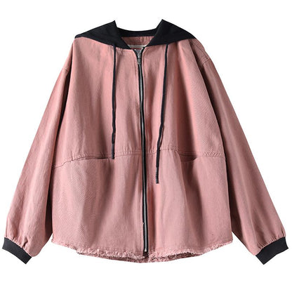 Buykud Natural Burr Hem Pure Color Hooded Coat