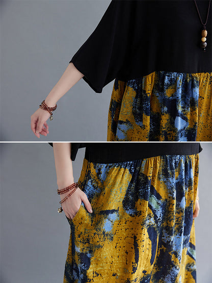 Artistic Retro Floral Printed Split-Joint Pleated Round-Neck Half Sleeves Midi Dress
