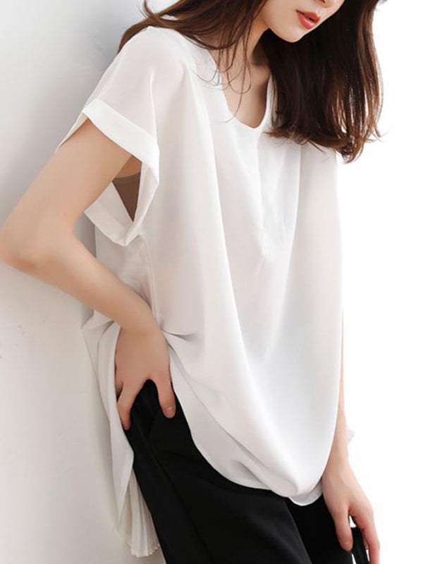 Simple Solid Color Pleated Round-Neck Short Sleeves T-Shirt