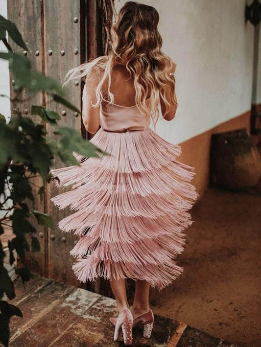 Spaghetti-neck Stacked Tassels Midi Dress