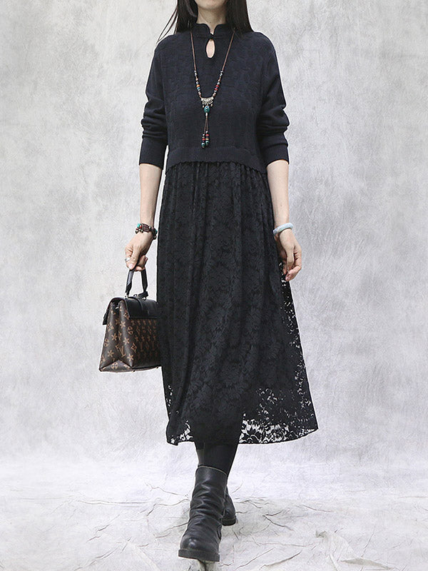 Artistic Retro Solid Color Split-Joint Buttoned Embroidered Hollow Lace Stand Collar Long Sleeves Knitted Sweater Dress