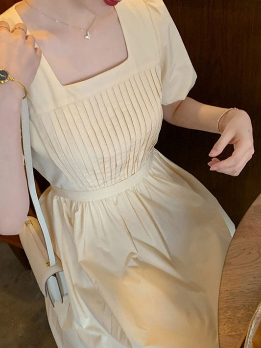 Urban Solid Color Split-Joint Pleated Square-Neck Bishop Sleeves Midi Dress