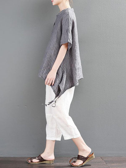 Loose Striped T-shirt + Solid Casual Pants Suits