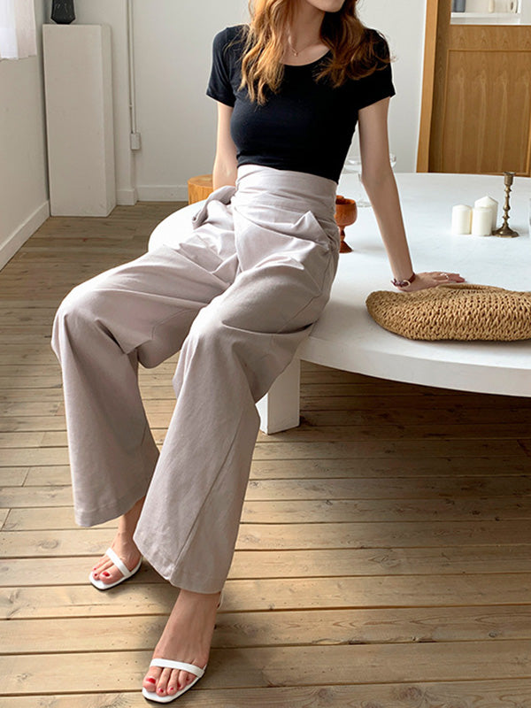 Simple 9 Colors Ramie Cotton Tied High-Waisted Pants