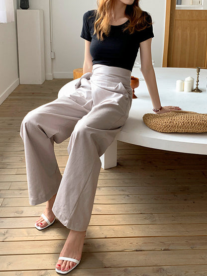 Simple 9 Colors Ramie Cotton Tied High-Waisted Pants