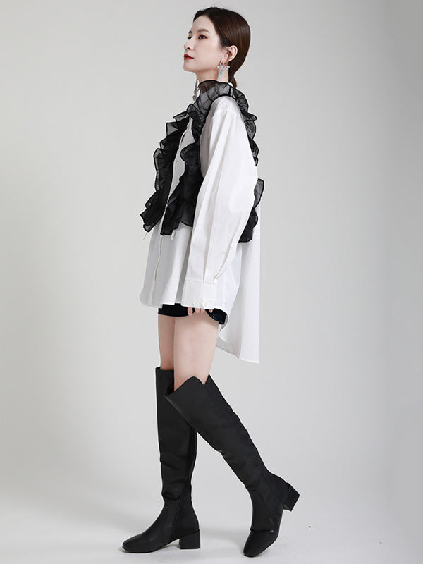 Stylish Irregular Contrast Color Split-Joint Falbala Mesh Drawstring Buttoned Lapel Collar Long Sleeves Blouse