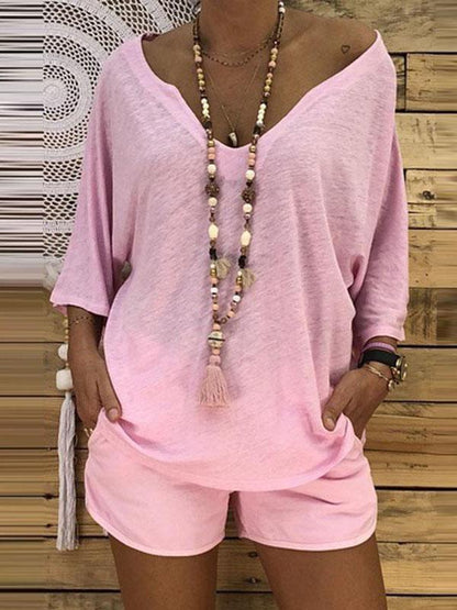 V-neck 3/4 Sleeves Loose Blouses&shirts Tops