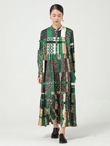 Original Bohemia Pleated Buttoned Stand Collar Long Sleeves Midi Dress
