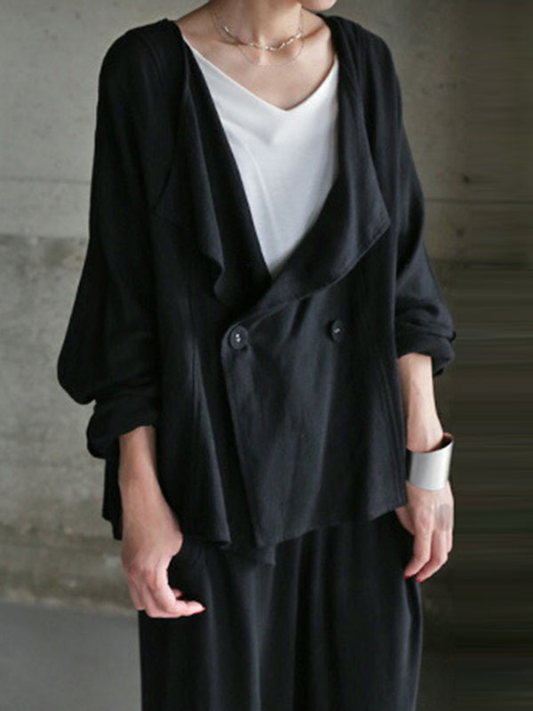 Casual Loose Solid Color Buttoned Lapel Collar Long Sleeves Outwear
