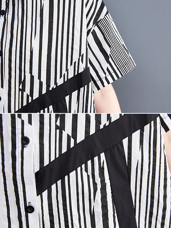 Artistic Retro Loose Striped Contrast Color Midi Shirt Dress