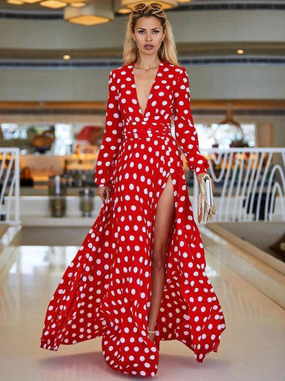Polka-dot Belted Long Sleeves Maxi Dress