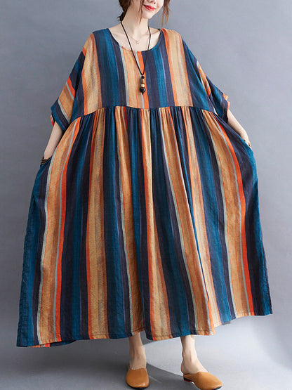 Colorful Stripe Split-Joint Round-Neck Long Dress