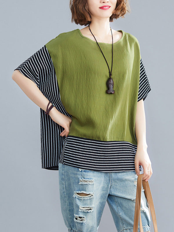 Vintage Ramie Cotton Striped Split-Joint Batwing Sleeves Round-Neck T-Shirt