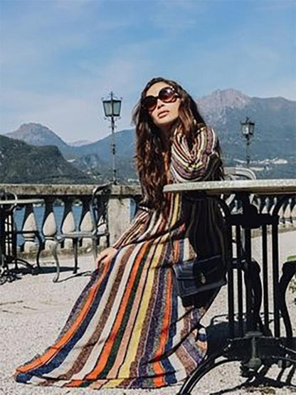 Striped Long Sleeves V-neck Maxi Dress