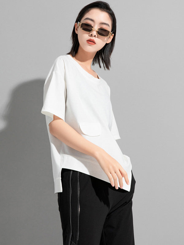 Fashion Asymmetric Irregular Clipping Split-Side Round-Neck T-Shirt
