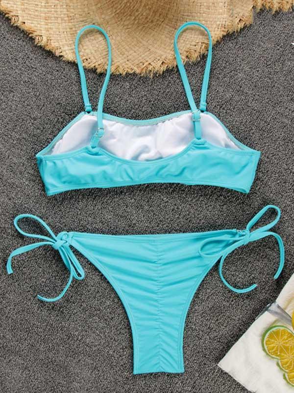 Solid Color Bandage Split Bikini Swimsuit