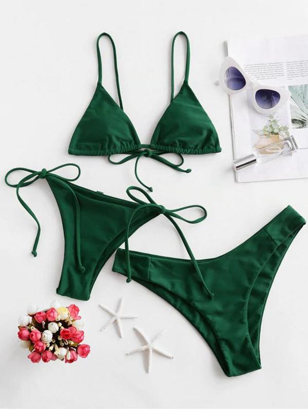 Solid Color Bandage Three-Piece Bikini Swimsuit