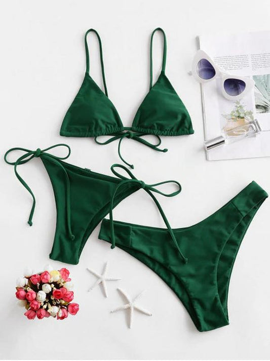 Solid Color Bandage Three-Piece Bikini Swimsuit