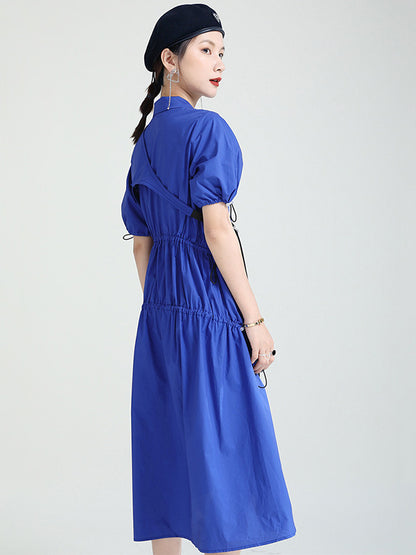 Casual Solid Color Asymmetric Pleated Split-Joint Midi Dress+Vest Tops Two Pieces Set