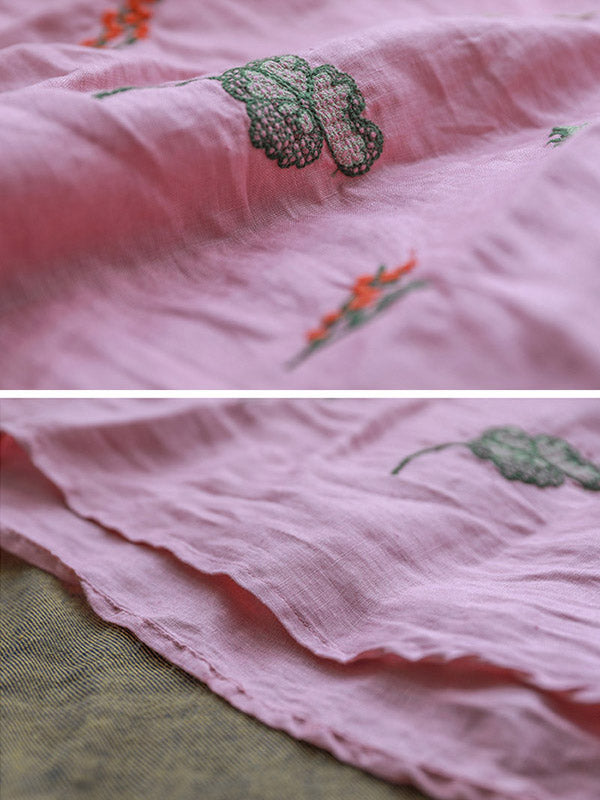 Ramie Cotton Embroidered Round-Neck Short Sleeve T-Shirts Tops