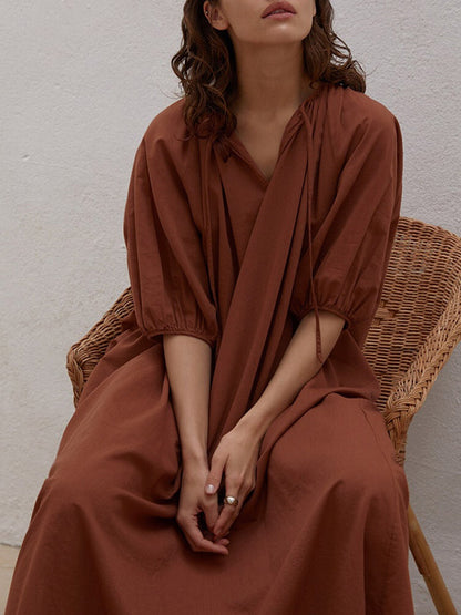 Casual Loose Linen 3 Colors Tied Pleated V-Neck Bishop Half Sleeves Midi Dress