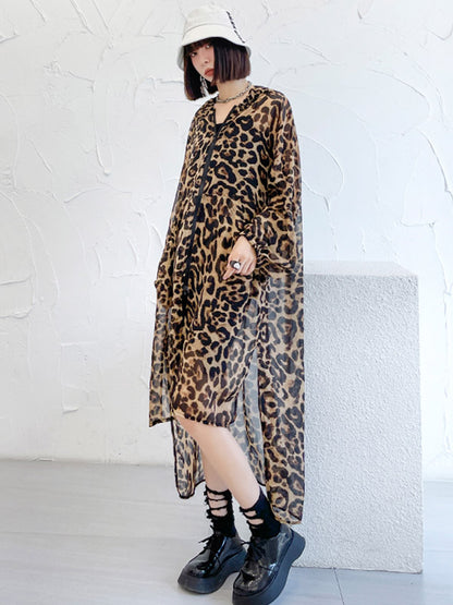 Original Leopard Zipper Split-Side Hooded Long Sleeves Sun-Protection Outerwear