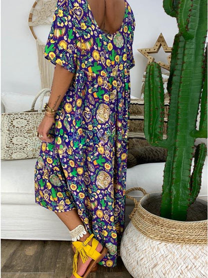 Loose Printed Round Neck Maxi Dress