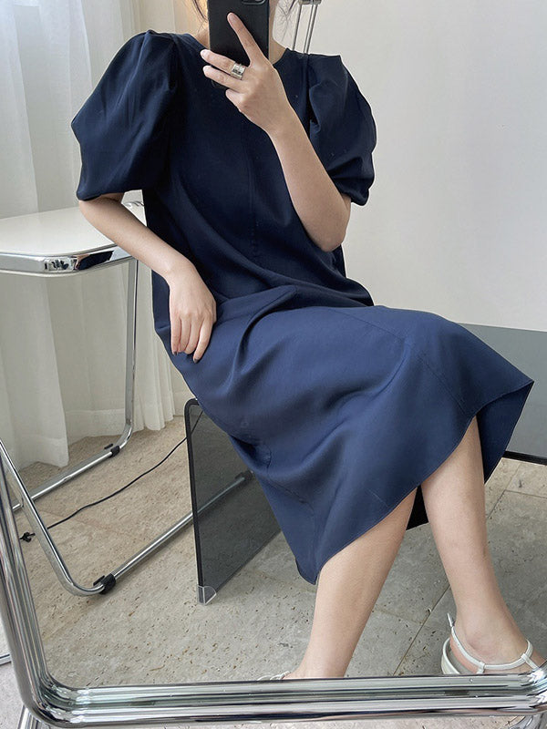 Girlish A-Line Puff Sleeves Round-Neck Midi Dress