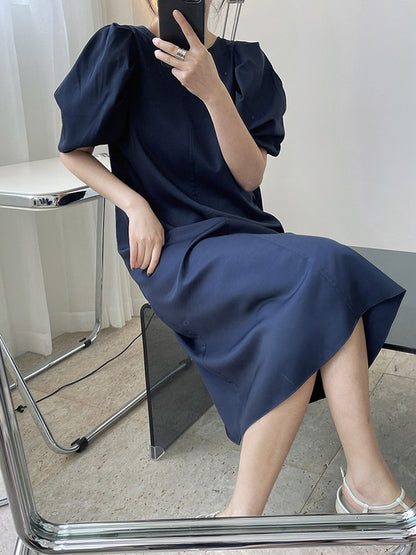Girlish A-Line Puff Sleeves Round-Neck Midi Dress