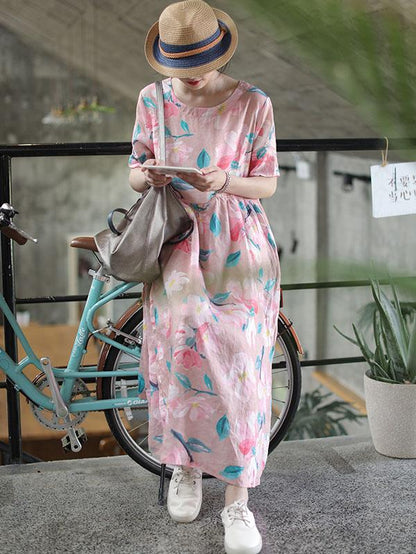 Literary Printed Ramie Cotton Long Dress