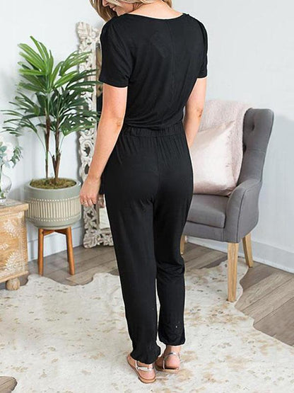 V-neck Bandage Solid Bohemia Jumpsuits