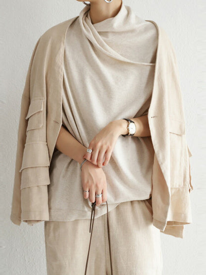 Casual Irregular Solid Color Pleated Heaps Collar Short Sleeves T-Shirt