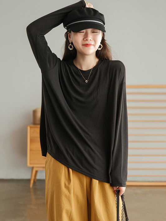 Casual Simple Solid Color Loose Round-Neck Long Sleeves T-Shirt