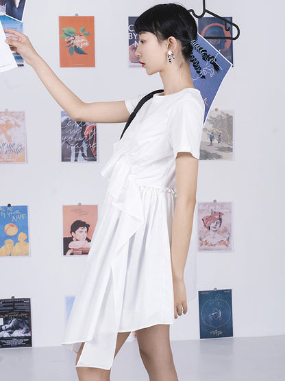 Fashion White Pleats Asymmetric Split-Joint Round-Neck T-Shirts Top