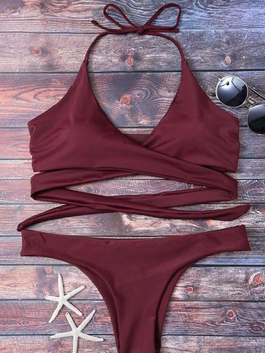 Halter-neck Solid Bikinis Swimwear