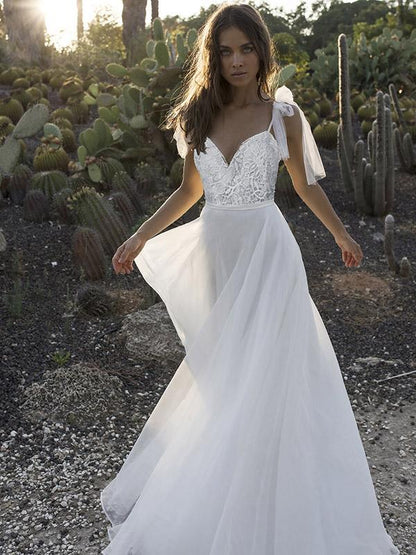 Lacy Bow-embellished Spaghetti-neck Evening Dress