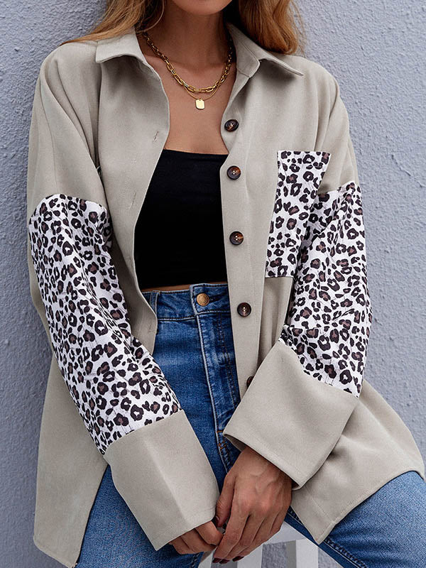 Casual Split-Joint Leopard Buttoned Lapel Collar Long Sleeves Blouse Outwear