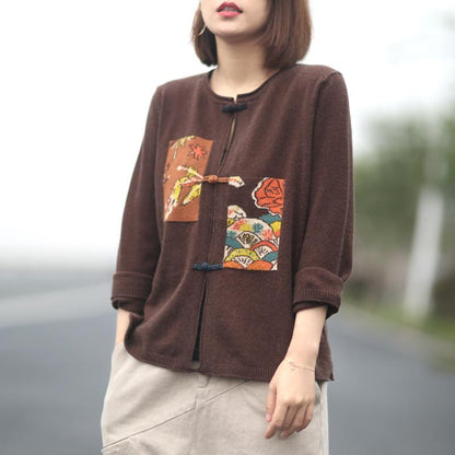Buykud Printed Patchwork Single Breasted Knitted Coat