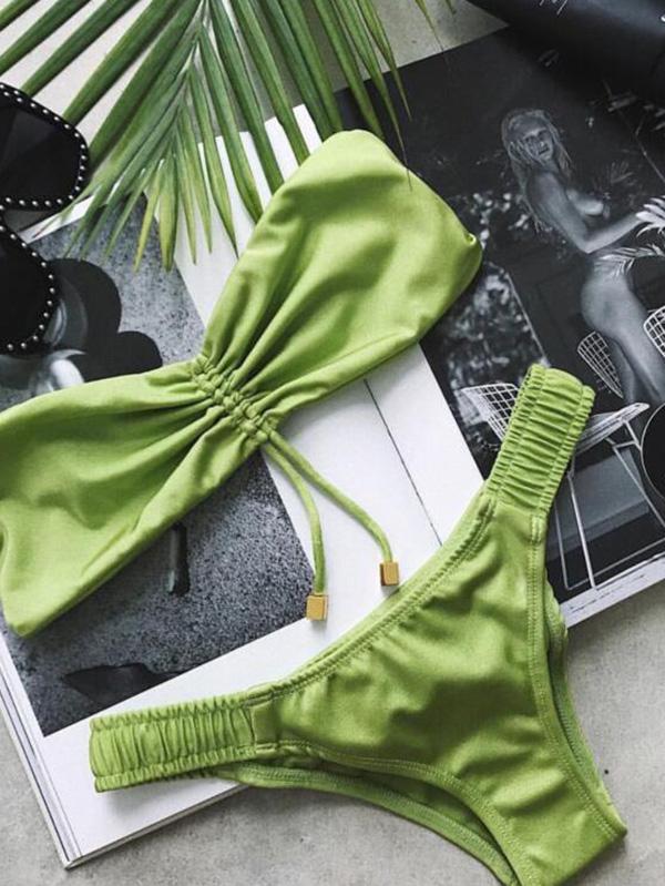 Solid Backless Strapless Bikini Swimsuit