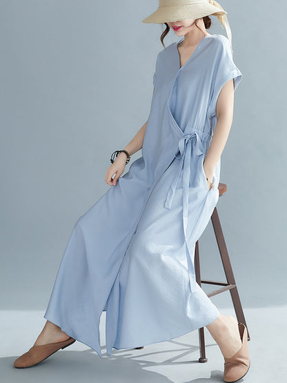 Casual Loose Solid Color Tied V-Neck Short Raglan Sleeves Maxi Dress